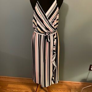 Striped midi dress with belt, adjustable straps
